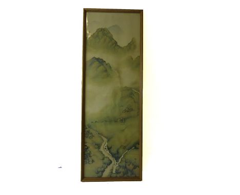 A fine, early 20th century, Chinese, watercolour of a landscape depicting a winding valley with figures, a stream and misty m