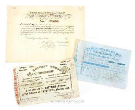 Three share certificates including an 1807 "Provident Institution for Life Insurance and Charities London"