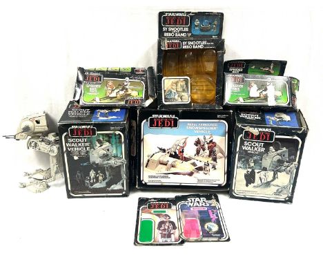 Selection of vintage Star Wars Boxed vehicles, Empty Boxes &amp; Used backing cards including Scout Walker, Good (missing top