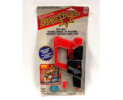 Mattel Bravestarr vintage Tex Hex Sound Pistol' N Holster, Mint, within Good Plus (slight dent to top) bubble, upon Good (cre