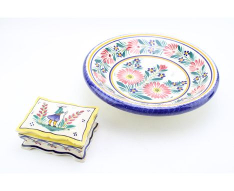 HB Quimper large fruit bowl with floral decoration, 33cm diameter, with a Quimper trinket dish with a continental figure, 14c