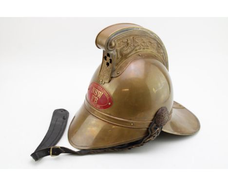Reproduction World War One Australian New South Wales fire bridage helmet' 1906'.  Strap loose to one side.