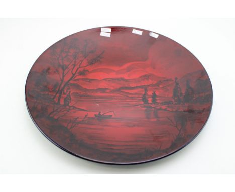 Peggy Davies Ruby Fusion artist proof charger of a mountainous lake scene, 41cm diameter.  In good condition with no obvious 