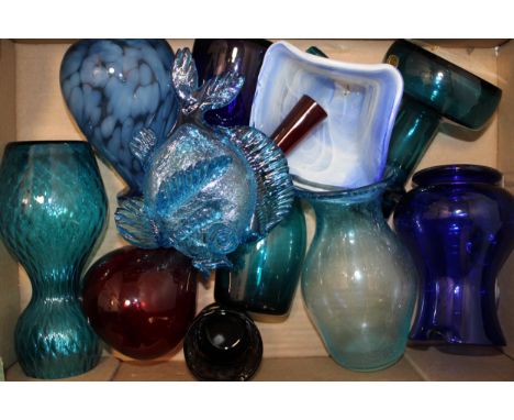 A collection of vintage glassware to include mid century examples predominantly in blues and purples. To include vases and ju