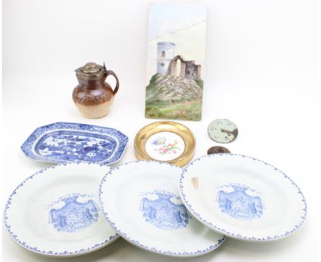 A collection o early ceramics to include hand painted tile 'Mow Cop' 1907. a/f, framed Meissen plaque a/f, mid 19th century F
