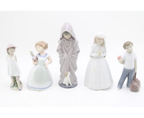 Nao figures to include a bride, a boy in a long overcoat, a girl holding a flower and others (5), tallest 26cm tall.  In good