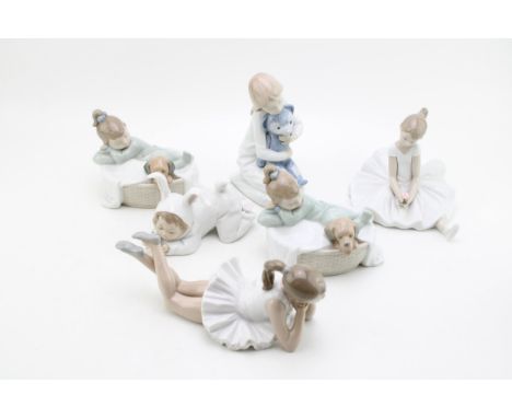 Nao figures to include two ballerinas, a girl with a teddy bear and others (6), tallest 16cm.  In good condition with no obvi