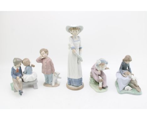A collection of Nao figures to include a pair of seated children, a lady in a bonnet, a girl with rabbits, a harlequin with a
