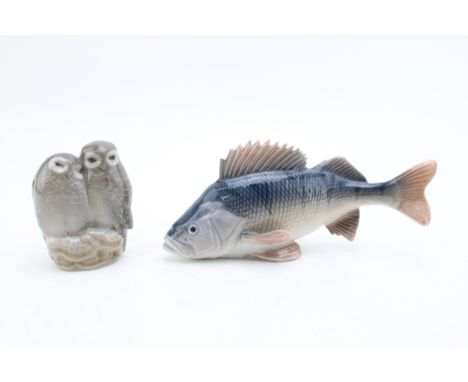 Royal Copenhagen model of a Perch 1138 (nip to fin) and a pair of Owls 834 (2).  In good condition with no obvious damage or 