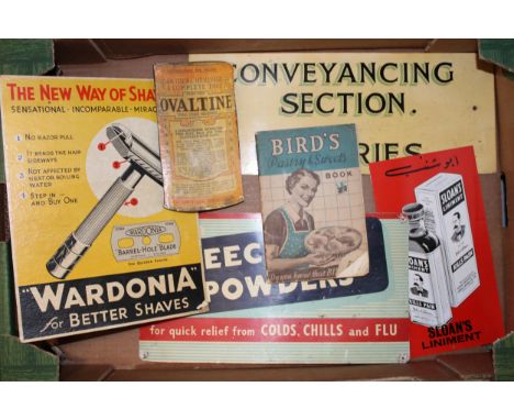 A collection of vintage and contemporary advertising shop signs to include 'Beecham's Powder', 'Wardonia' and other similar e