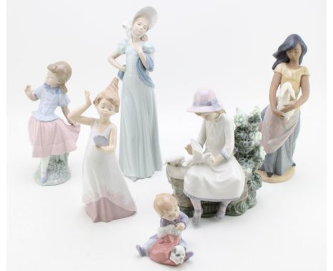 A collection of Nao figures to include a girl seated with doves, a matte figure with a girl with white rabbit and others (6),