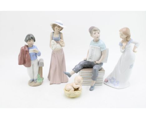 Nao figures to include a boy selling newspapers, a baby, a girl with her poodle and others (5), tallest 25cm tall.  In good c