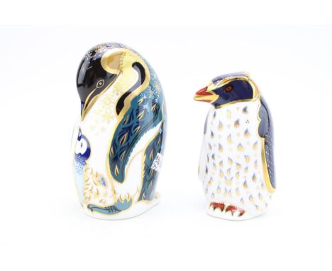 Two Royal Crown Derby penguin paperweight, Rockhopper Penguin, 21st year anniversary edition with special heptagonal gold sto