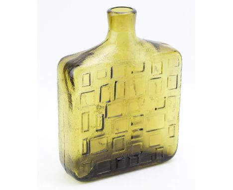 An Italian Empoli square sided olive green glass bottle vase, moulded and textured in an arrangement of cubist inspired forms