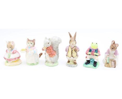 Royal Albert Beatrix Potter figures to include The Old Woman who Lived in a Shoe Knitting, Hunca Munca Sweeping, Mr Benjamin 