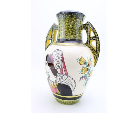 Quimper Two handled vase, Modernist style handles, with decoration of a lady's profile amongst flowers, 33cm tall.  In good c