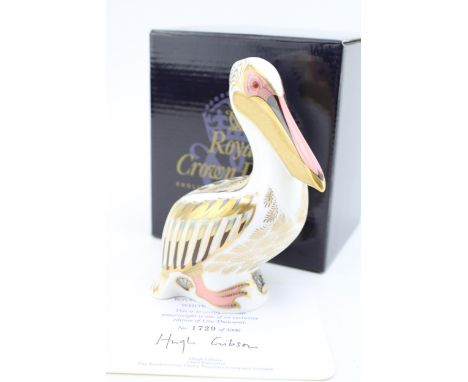A Royal Crown Derby paperweight, White Pelican, 13cm, number 1,729 of an exclusive limited edition of 5,000, gold stopper and