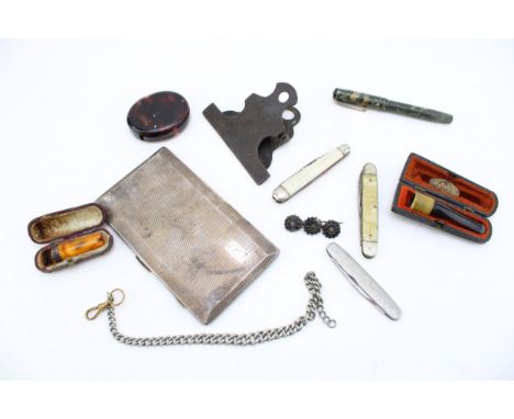 A collection of items to include cased cheroot and cigar holder a/f, silver plated Albert chain and cigarette case, penknives