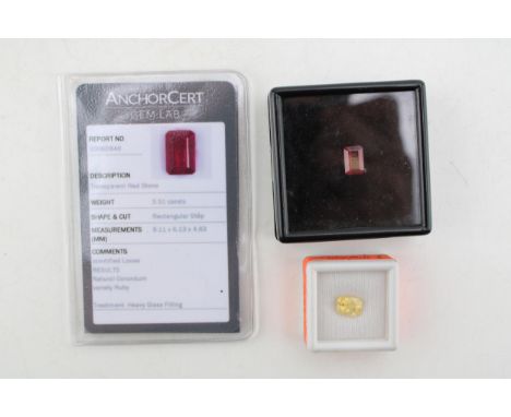 A loose rectangular step cut ruby, of 3.31ct, complete with AnchorCert Gem Lab certificate, detailing it as Natural Corundum 