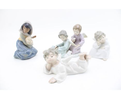 Lladro figures to include a Angel Care 5727, a cherub / angel, a similar item and girl with lost lamb (4).  In good condition