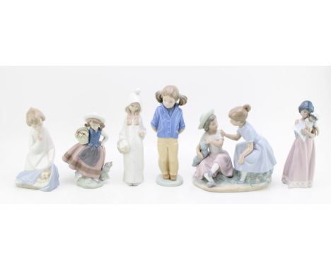 A collection of Lladro to include an Angel with Bab 4635, a Girl with Flowers 5221, a lady with her baby 5608, a girl with ba