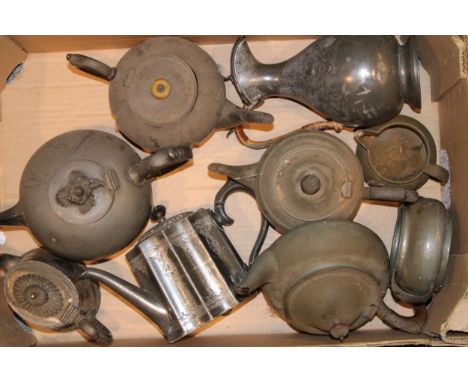 A collection of silver plated and pewter items to include tea pots, bowls and caddy. (Qty)
