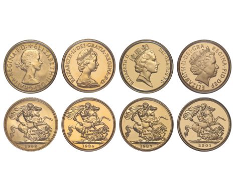 g Elizabeth II (1952-2022), gold 4-coin Sovereign Portrait Set, 1968, proof 1984, proof 1987, proof 2001, portraits of Elizab