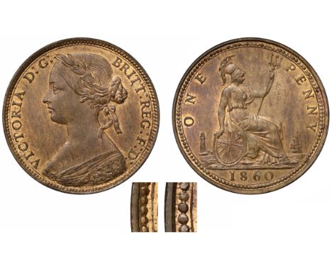 Victoria (1837-1901), bronze Penny, 1860, toothed obverse rim, muled with beaded reverse rim, laureate head bust in bodice fa