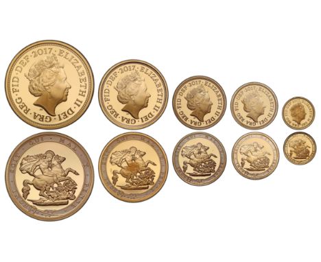 g Elizabeth II (1952-2022), gold 5-coin proof Set, 2017, struck to commemorate 200 years of the milled Sovereign, Five Pounds