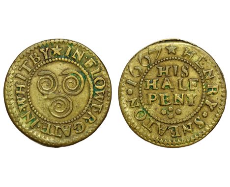 17th Century Token, Yorkshire, Whitby, Henry Sneaton, brass Halfpenny Token, 1667, detail with inner beaded circle surroundin