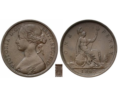 Victoria (1837-1901), bronze Penny, 1863, die 3 below date, toothed borders, laureate head bust in bodice facing left, sixtee