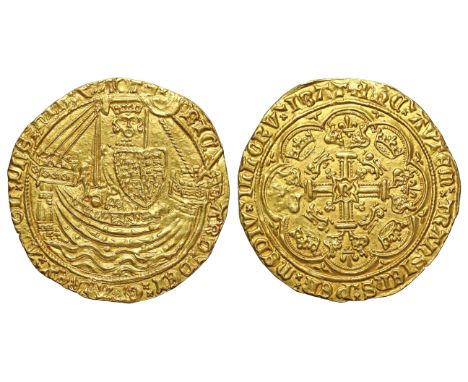 † Richard II (1377-99), gold Noble, type IIA, London mint, king standing facing in ship, holding sword and shield, in crude s