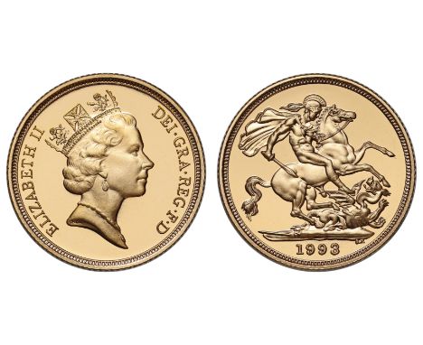 g Elizabeth II (1952-2022), gold proof Sovereign, 1993, crowned head right, RDM initials on neckline for designer Raphael Mak