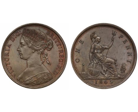 Victoria (1837-1901), pattern bronze Penny, 1865, toothed borders, bust in bodice facing left with coronet on head and ribbon