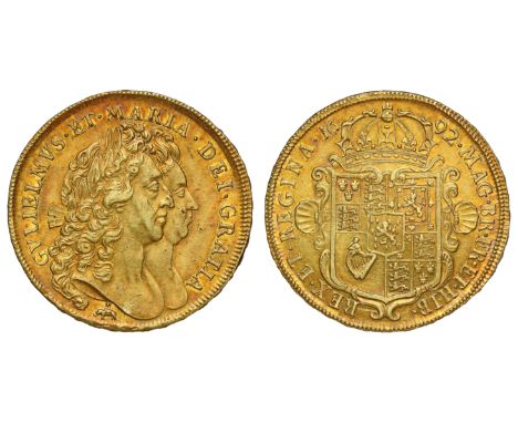 William and Mary (1688-94), gold Five Guineas, 1692, elephant and castle below, conjoined busts right, legend surrounding, GV