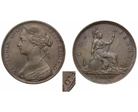 Victoria (1837-1901), bronze Penny, 1860, toothed borders, colon missing after final D of legend, laureate head bust in bodic