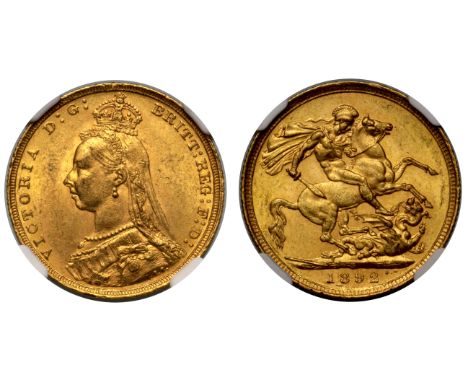 g Victoria (1837-1901), gold Sovereign, 1892-S, Sydney mint, Australia, Golden Jubilee style bust facing left, small crown an