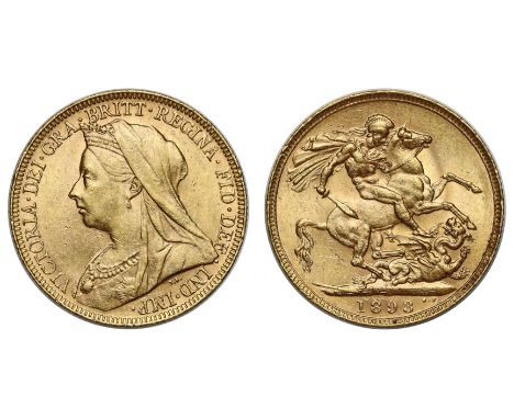 g Victoria (1837-1901), gold Sovereign, 1893, London mint, older crowned and veiled bust left, T.B. below for designer Thomas