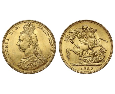 g Victoria (1837-1901), gold Sovereign, 1887, London, Tower Hill mint, Jubilee bust facing left, small crown and veil on head