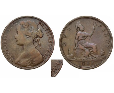 Victoria (1837-1901), bronze Penny, 1861, toothed borders, laureate head bust in bodice facing left, fifteen leaf wreath with