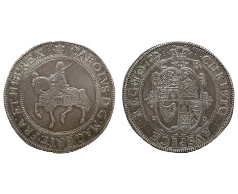 † Charles I (1625-49), silver Crown, Tower mint, mintmark plume of feathers, legend surrounding CAROLVS D.' G.' MAG.' BRIT.' 
