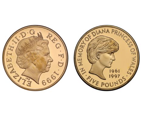 g Elizabeth II (1952-2022), gold proof Five Pounds, 1999, Princess of Wales Memorial to commemorate Princess Diana, crowned b