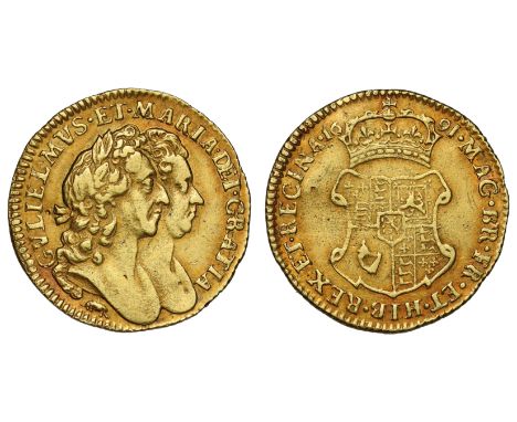 William and Mary (1688-94), gold Half Guinea, 1691, elephant and castle below second conjoined busts right, Latin legend surr