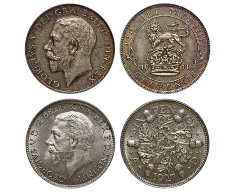 George V (1910-36), silver proof Sixpence (2): 1911, bare head left, BM on truncation for engraver Bertram MacKennal, Latin l