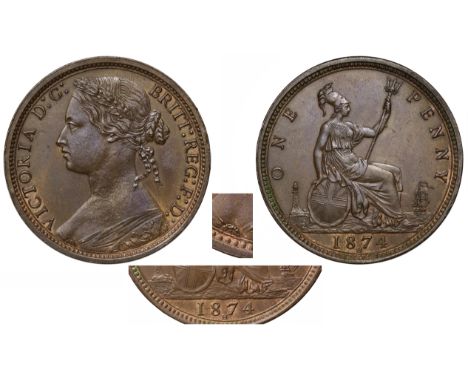 Victoria (1837-1901), bronze Penny, 1874 H, Heaton mint, toothed borders, laureate head bust in bodice facing left, seventeen