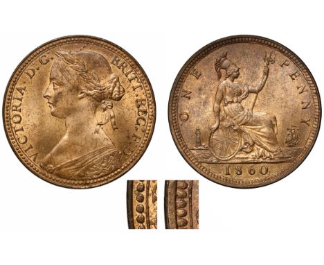 Victoria (1837-1901), bronze Penny, 1860 beaded obverse rim, muled with toothed reverse rim, laureate head bust in bodice fac