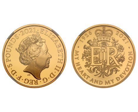 g Elizabeth II (1952-2022), gold proof Five Pounds, 2021, struck to celebrate Elizabeth II's 95th birthday, crowned bust righ