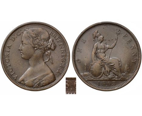 Victoria (1837-1901), bronze Penny, 1863, die 3 below date, toothed borders, laureate head bust in bodice facing left, sixtee