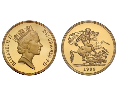 g Elizabeth II (1952-2022), gold proof Five Pounds, 1995, crowned bust right, RDM incuse on truncation for designer Raphael M