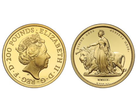 g Elizabeth II (1952-2022), gold proof Two Hundred Pounds, 2019, Una and the Lion, 2 Ounces of 999.9 fine gold, from the Grea